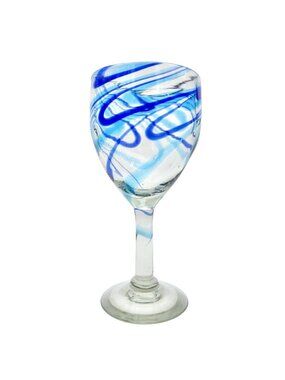 Vintage Hand Blown 8 oz Wine Glass Goblet Clear with Blue Swirls - Height 8"